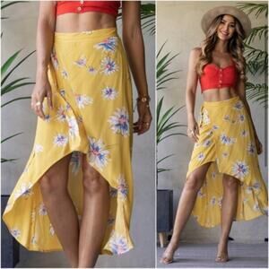 Lunik Women's True Wrap High Low Midi Maxi Skirt in Yellow Floral